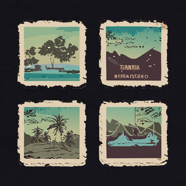 a vintage travel-themed t-shirt design with retro postcard illustrations faded colors and a distressed texture to give it an authentic retro look by goingplaces